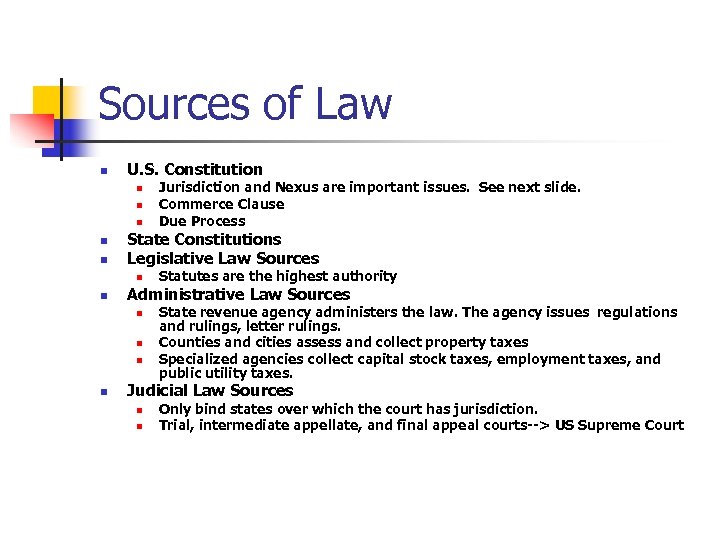 Sources of Law n U. S. Constitution n n State Constitutions Legislative Law Sources
