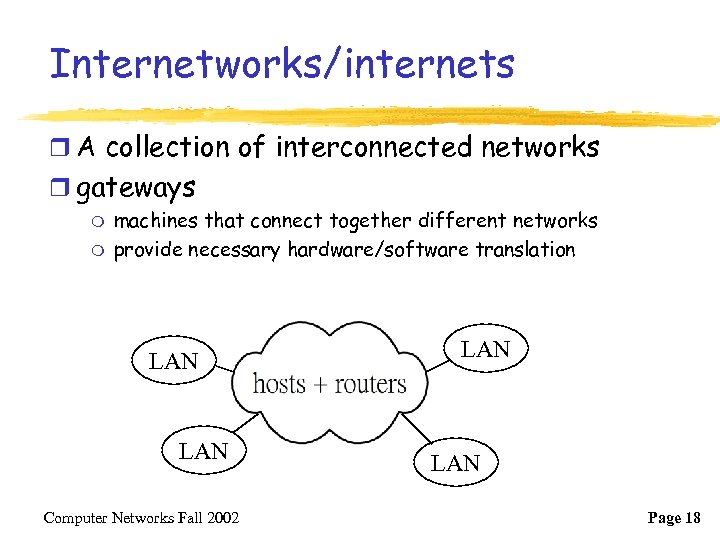 Internetworks/internets r A collection of interconnected networks r gateways m m machines that connect