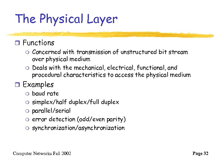 The Physical Layer r Functions m Concerned with transmission of unstructured bit stream over