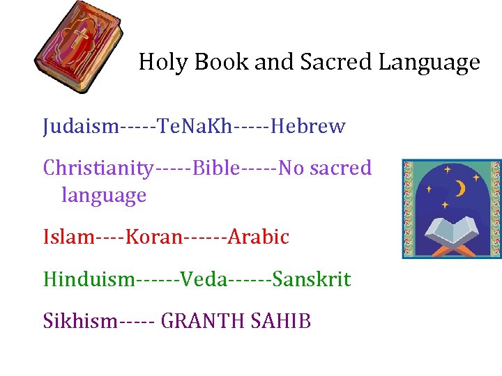 Holy Book and Sacred Language Judaism-----Te. Na. Kh-----Hebrew Christianity-----Bible-----No sacred language Islam----Koran------Arabic Hinduism------Veda------Sanskrit Sikhism-----