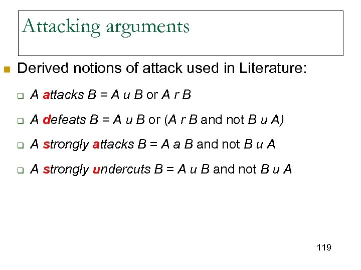 Attacking arguments n Derived notions of attack used in Literature: q A attacks B