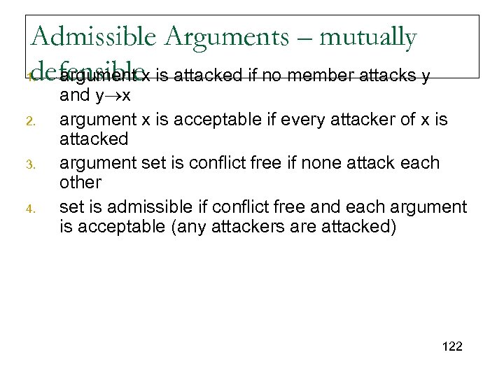 Admissible Arguments – mutually defensiblex is attacked if no member attacks y 1. argument