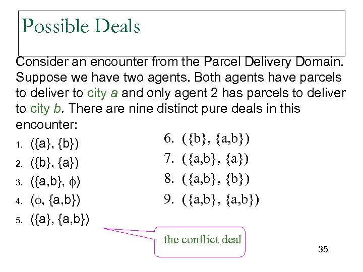 Possible Deals Consider an encounter from the Parcel Delivery Domain. Suppose we have two