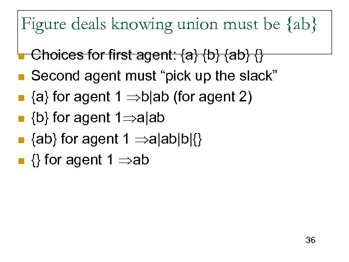 Figure deals knowing union must be {ab} n n n Choices for first agent: