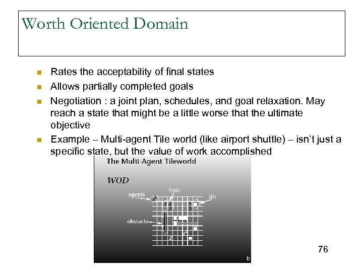 Worth Oriented Domain n n Rates the acceptability of final states Allows partially completed