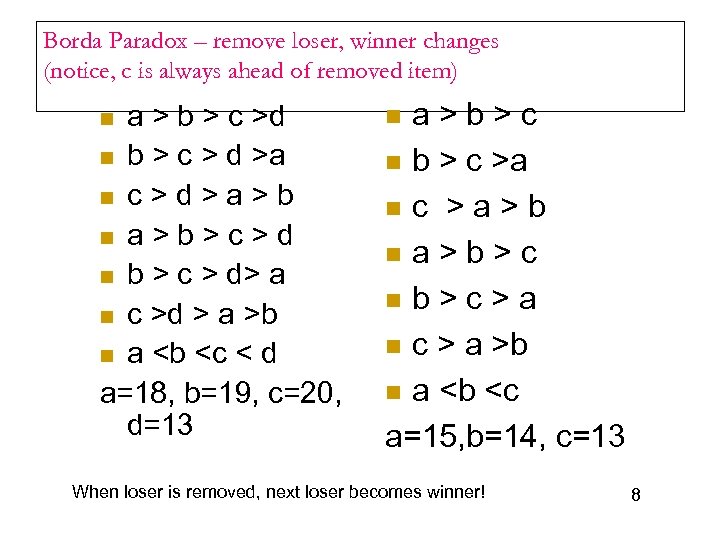 Borda Paradox – remove loser, winner changes (notice, c is always ahead of removed