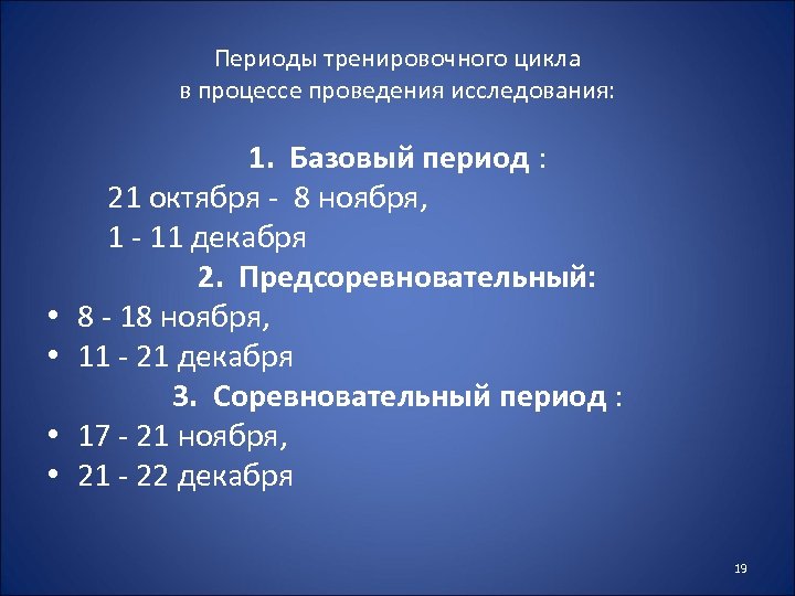 Периоды тренировочного цикла в процессе проведения исследования: 1. Базовый период : 21 октября -