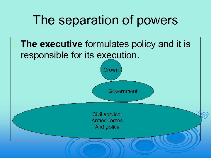 The separation of powers Ø The executive formulates policy and it is responsible for