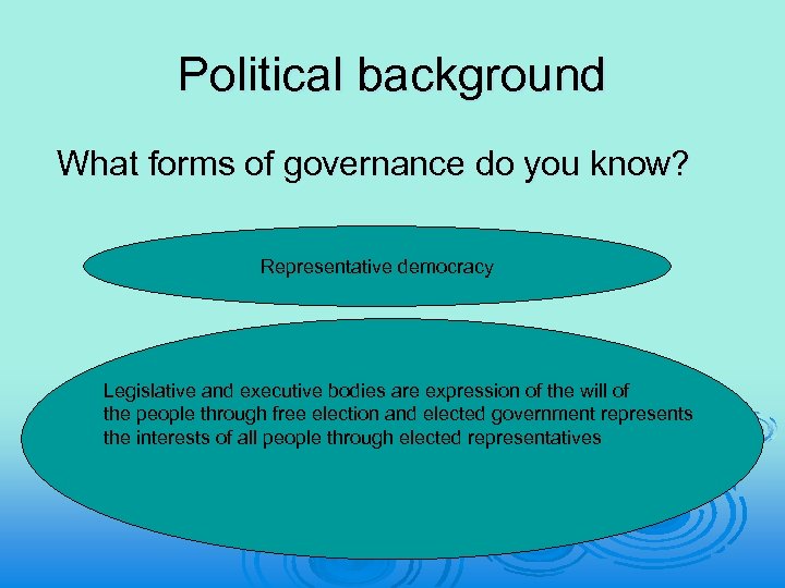 Political background What forms of governance do you know? Representative democracy Legislative and executive