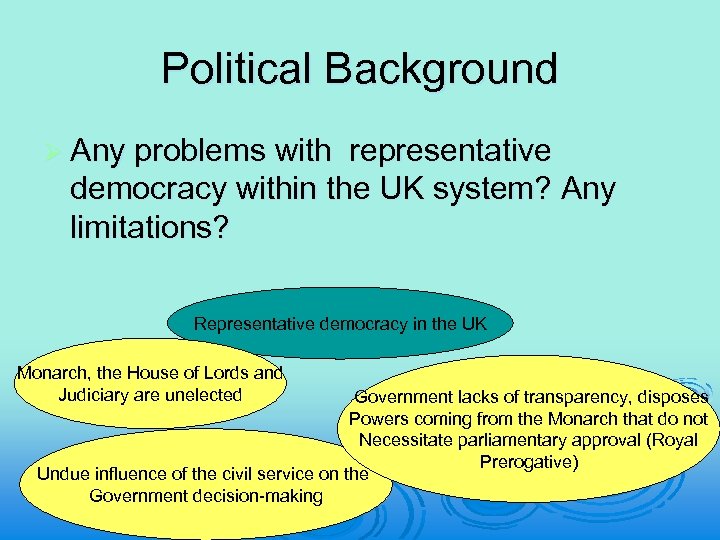 Political Background Ø Any problems with representative democracy within the UK system? Any limitations?