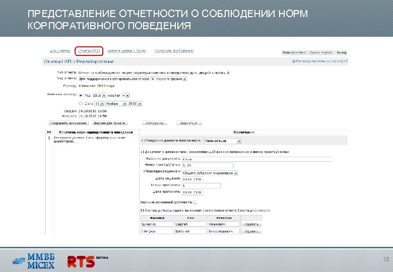 ПРЕДСТАВЛЕНИЕ ОТЧЕТНОСТИ О СОБЛЮДЕНИИ НОРМ КОРПОРАТИВНОГО ПОВЕДЕНИЯ 10 