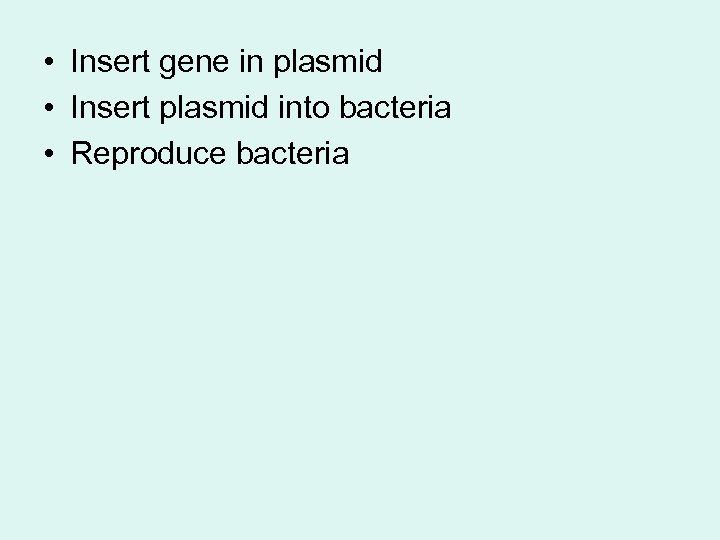  • Insert gene in plasmid • Insert plasmid into bacteria • Reproduce bacteria