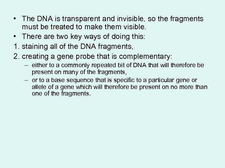  • The DNA is transparent and invisible, so the fragments must be treated