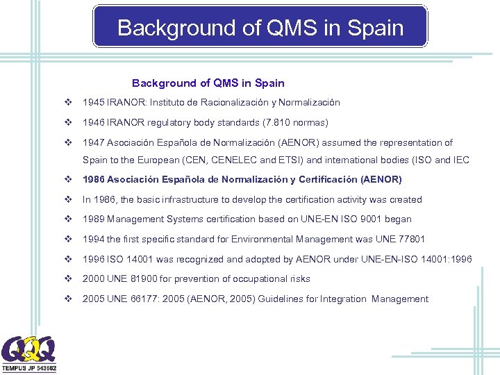 Background of QMS in Spain v 1945 IRANOR: Instituto de Racionalización y Normalización v