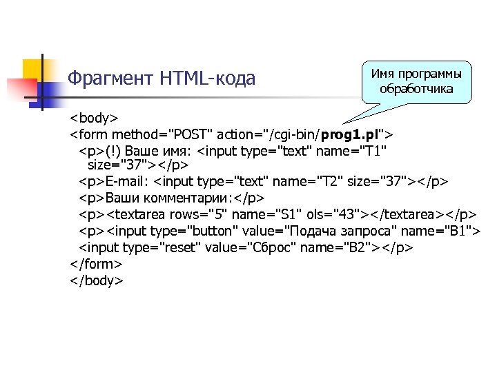 Фрагмент HTML-кода Имя программы обработчика <body> <form method="POST" action="/cgi-bin/prog 1. pl"> <p>(!) Ваше имя: