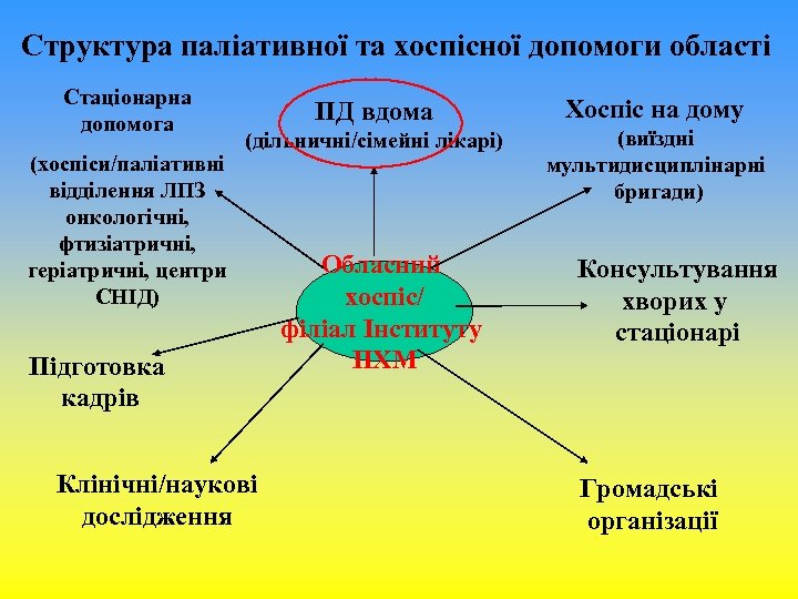 Структура паліативної та хоспісної допомоги області Стаціонарна допомога (хоспіси/паліативні відділення ЛПЗ онкологічні, фтизіатричні, геріатричні,