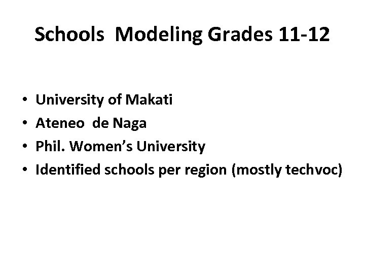 Schools Modeling Grades 11 -12 • • University of Makati Ateneo de Naga Phil.