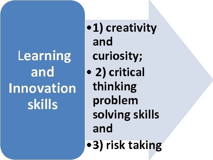  • 1) creativity and Learning curiosity; • 2) critical and Innovation thinking problem