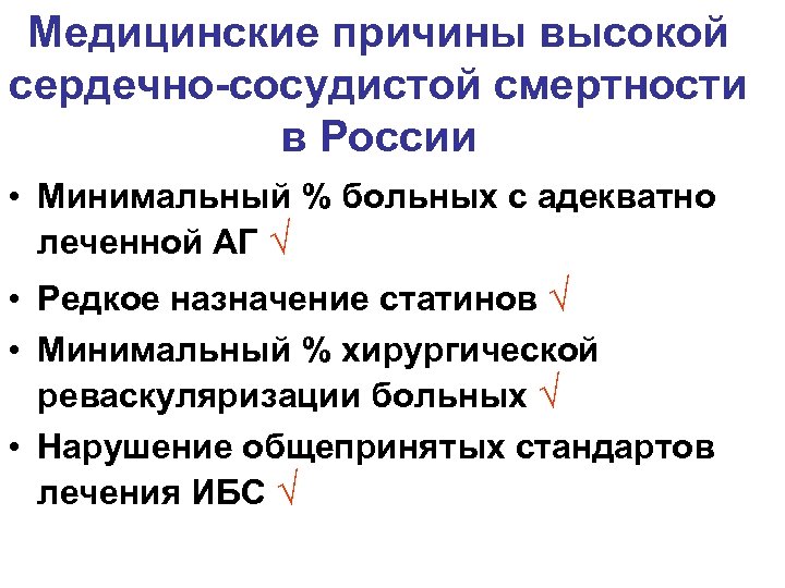 Медицинские причины высокой сердечно-сосудистой смертности в России • Минимальный % больных с адекватно леченной