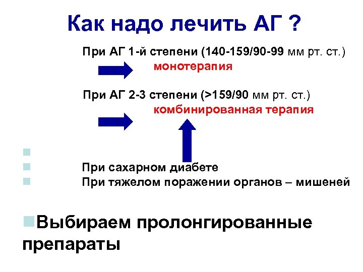 Как надо лечить АГ ? При АГ 1 -й степени (140 -159/90 -99 мм