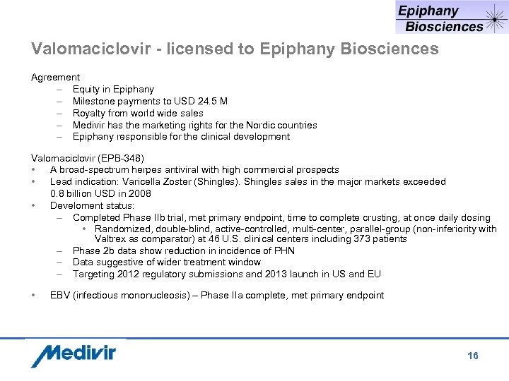 Valomaciclovir - licensed to Epiphany Biosciences Agreement – Equity in Epiphany – Milestone payments