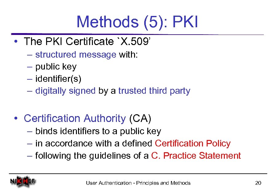 Methods (5): PKI • The PKI Certificate `X. 509’ – – structured message with: