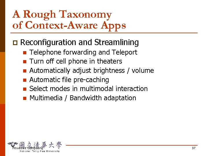 A Rough Taxonomy of Context-Aware Apps p Reconfiguration and Streamlining n n n Telephone