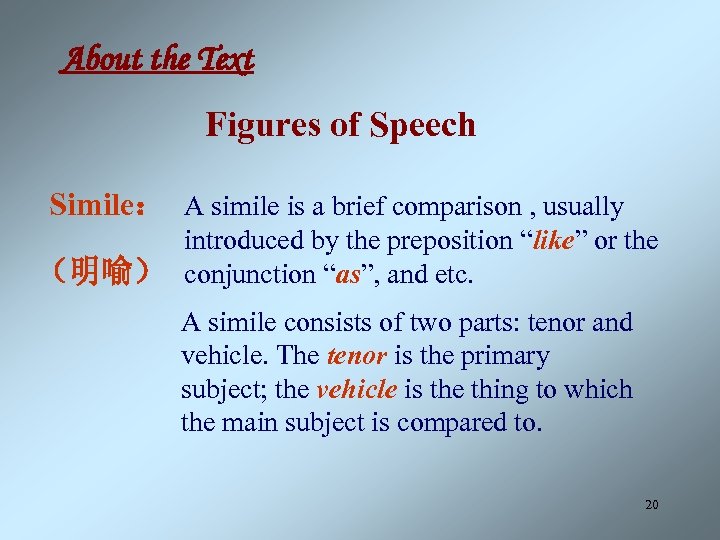 About the Text Figures of Speech Simile： A simile is a brief comparison ,