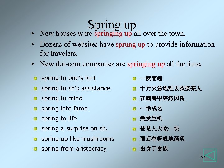 Spring up • New houses were springing up all over the town. • Dozens