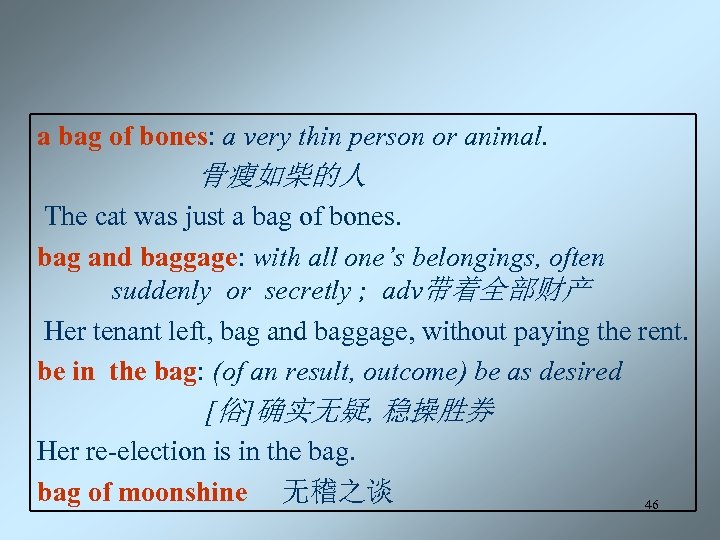 a bag of bones: a very thin person or animal. 骨瘦如柴的人 The cat was