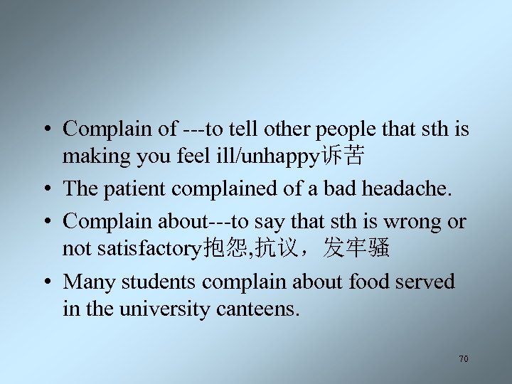  • Complain of ---to tell other people that sth is making you feel