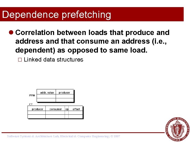 Dependence prefetching l Correlation between loads that produce and address and that consume an