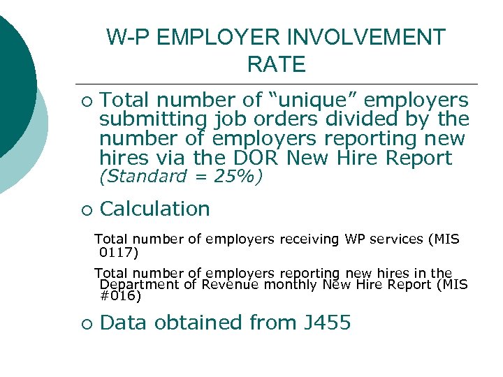 W-P EMPLOYER INVOLVEMENT RATE ¡ Total number of “unique” employers submitting job orders divided