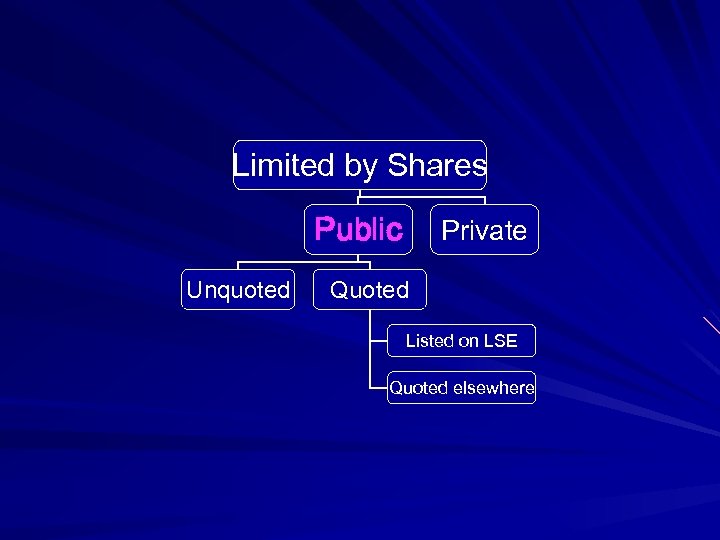 Limited by Shares Public Unquoted Private Quoted Listed on LSE Quoted elsewhere 