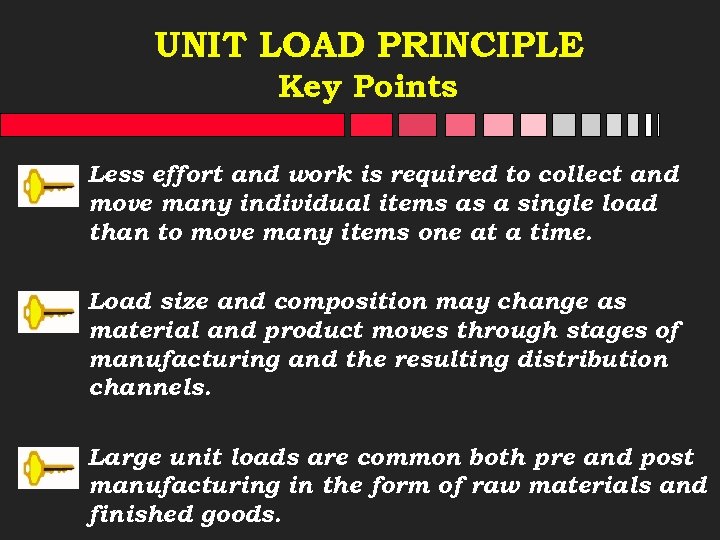 UNIT LOAD PRINCIPLE Key Points Less effort and work is required to collect and