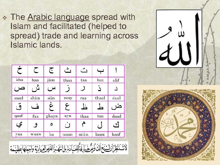 v The Arabic language spread with Islam and facilitated (helped to spread) trade and