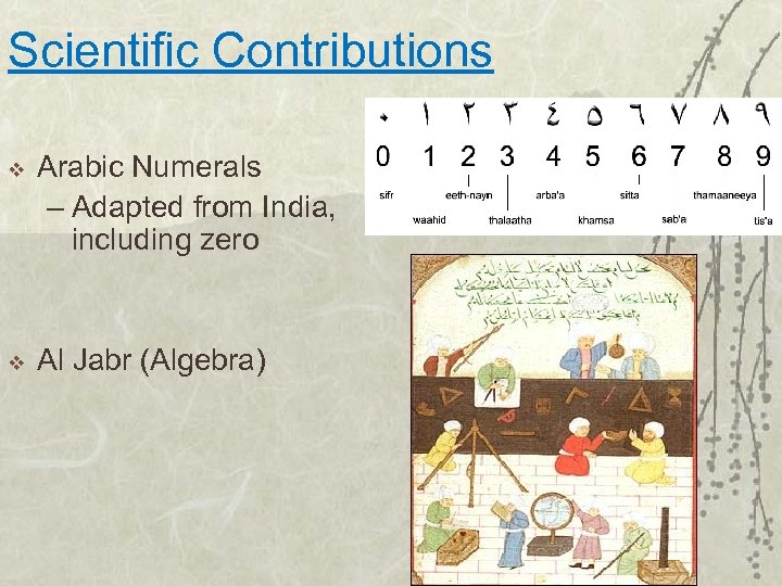 Scientific Contributions v Arabic Numerals – Adapted from India, including zero v Al Jabr