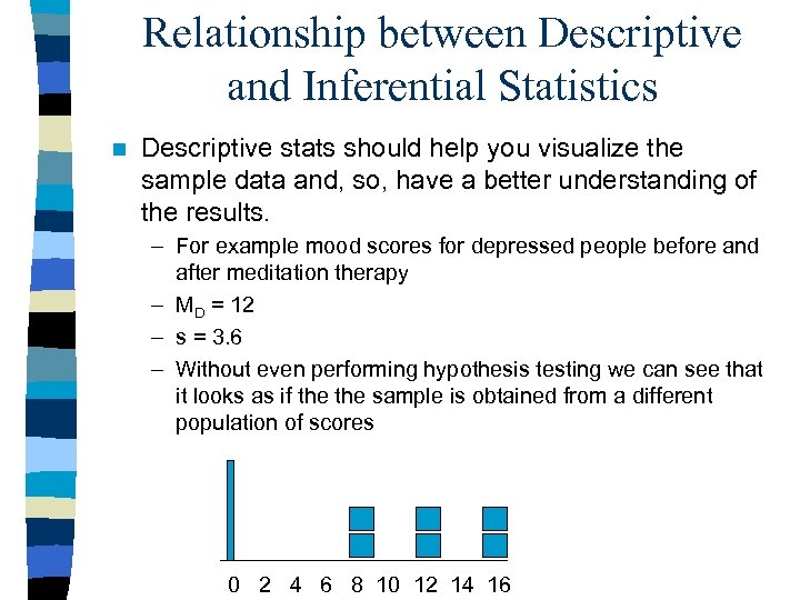 Relationship between Descriptive and Inferential Statistics n Descriptive stats should help you visualize the