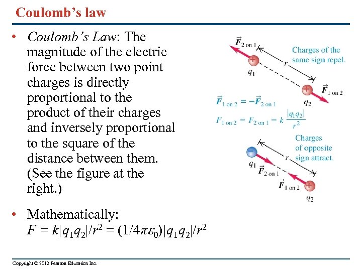 Coulomb’s law • Coulomb’s Law: The magnitude of the electric force between two point