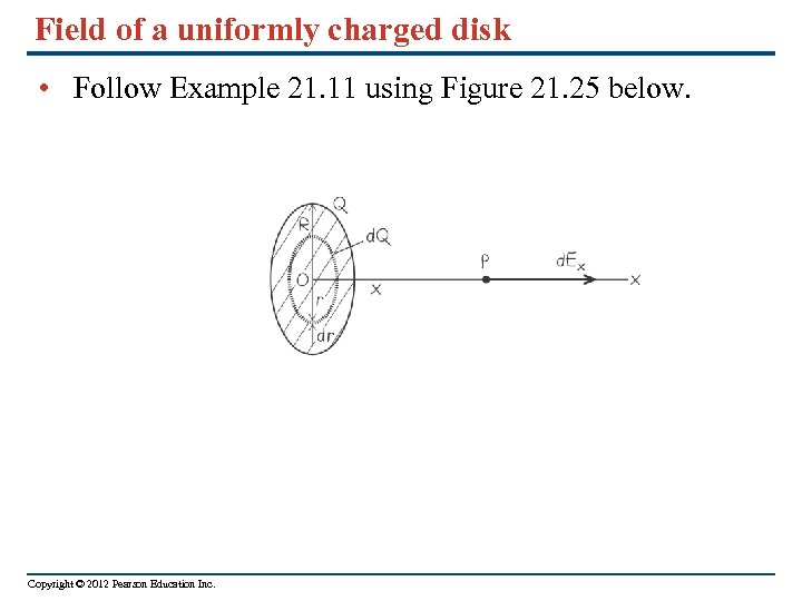 Field of a uniformly charged disk • Follow Example 21. 11 using Figure 21.