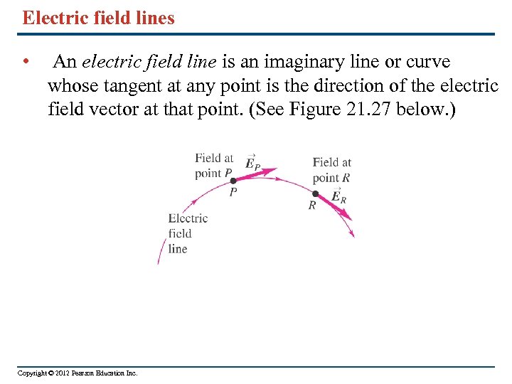 Electric field lines • An electric field line is an imaginary line or curve