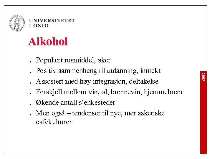 Alkohol l l 2003 l Populært rusmiddel, øker Positiv sammenheng til utdanning, inntekt Assosiert