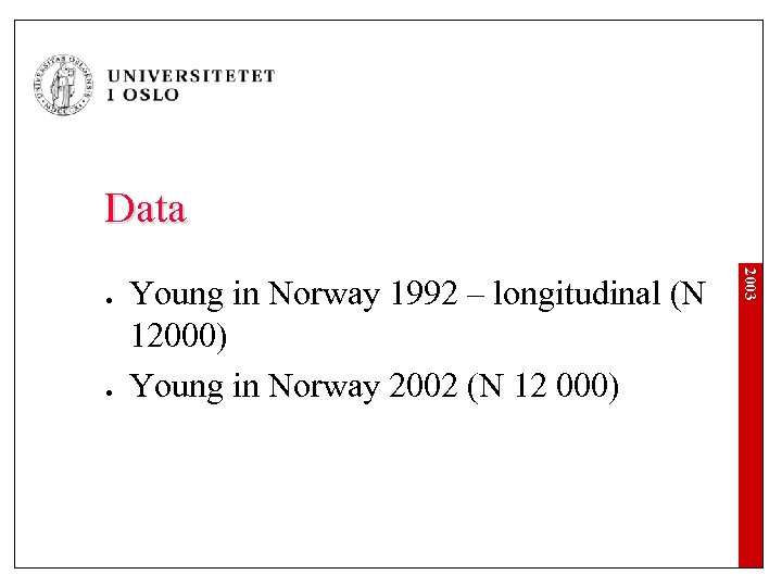 Data l Young in Norway 1992 – longitudinal (N 12000) Young in Norway 2002