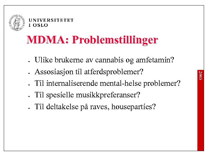 MDMA: Problemstillinger l l 2003 l Ulike brukerne av cannabis og amfetamin? Assosiasjon til