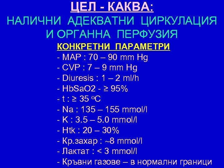ЦЕЛ - КАКВА: НАЛИЧНИ АДЕКВАТНИ ЦИРКУЛАЦИЯ И ОРГАННА ПЕРФУЗИЯ КОНКРЕТНИ ПАРАМЕТРИ - MAP :