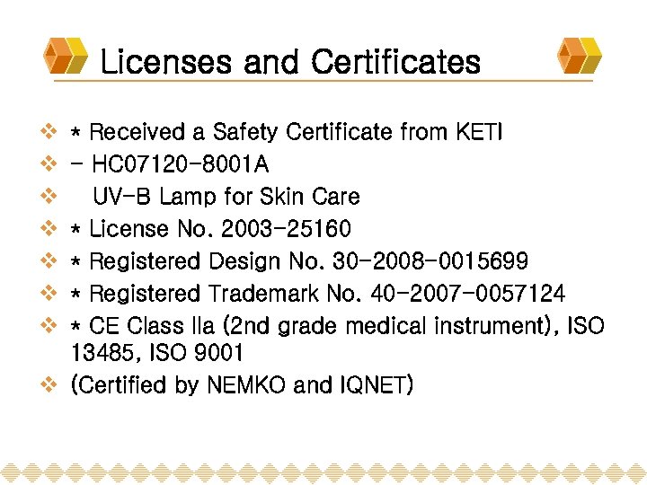 Licenses and Certificates v v v v * Received a Safety Certificate from KETI