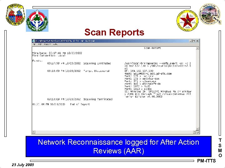 Scan Reports Network Reconnaissance logged for After Action Reviews (AAR) 23 July 2003 PM-ITTS