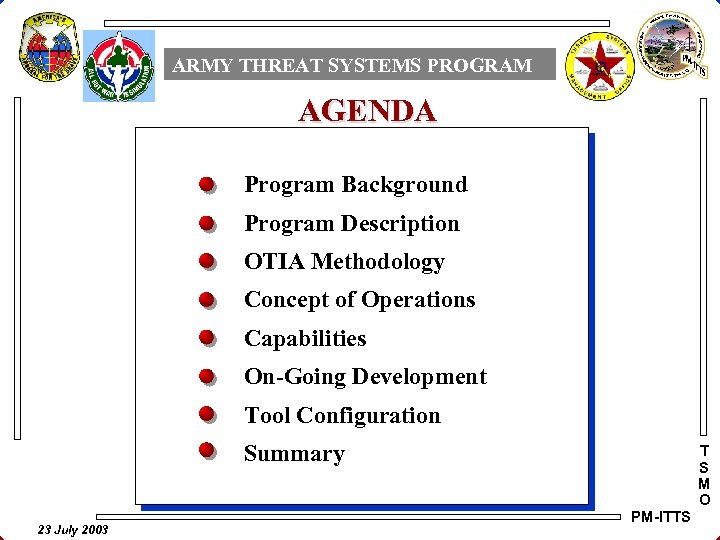 ARMY THREAT SYSTEMS PROGRAM AGENDA Program Background Program Description OTIA Methodology Concept of Operations