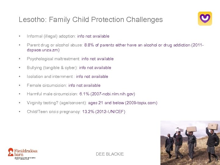 Lesotho: Family Child Protection Challenges • Informal (illegal) adoption: info not available • Parent