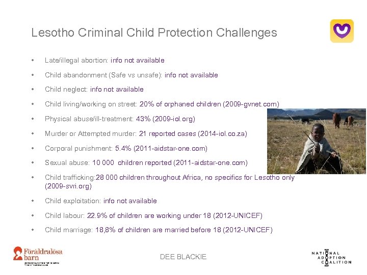 Lesotho Criminal Child Protection Challenges • Late/illegal abortion: info not available • Child abandonment